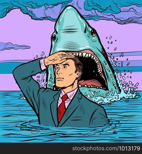 A successful businessman is not afraid of a shark attack. Calm and confidence. Pop art retro vector illustration drawing. A successful businessman is not afraid of a shark attack