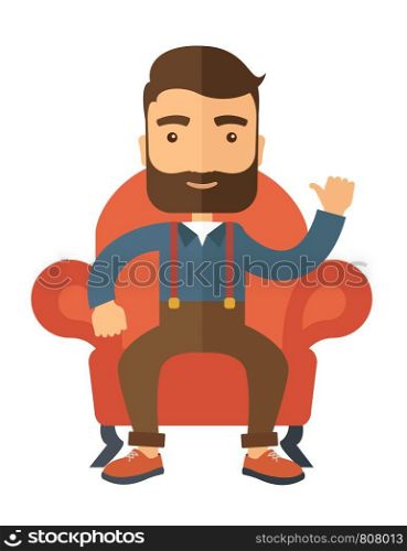 A successful businessman with beard smiling while sitting like a king. Achievement concept. A Contemporary style . Vector flat design illustration isolated white background. Vertical layout.. Successful businessman.