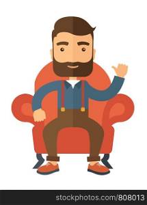 A successful businessman with beard smiling while sitting like a king. Achievement concept. A Contemporary style . Vector flat design illustration isolated white background. Vertical layout.. Successful businessman.