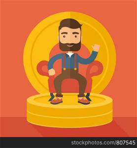 A successful businessman with beard smiling while sitting like a king on a heap of money. Achievement concept. A Contemporary style with pastel palette, orange tinted background. Vector flat design illustration. Square layout.. Successful businessman.