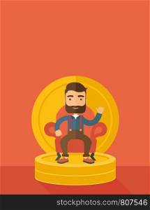 A successful businessman with beard smiling while sitting like a king on a heap of money. Achievement concept. A Contemporary style with pastel palette, orange tinted background. Vector flat design illustration. Vertical layout with text space on top part.. Successful businessman.
