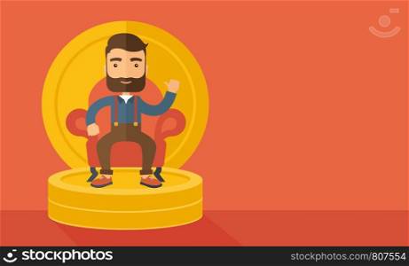 A successful businessman with beard smiling while sitting like a king on a heap of money. Achievement concept. A Contemporary style with pastel palette, orange tinted background. Vector flat design illustration. Horizontal layout with text space in right side.. Successful businessman.