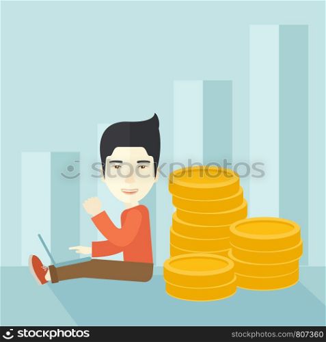 A successful chinese businessman sitting with pile of gold at his back and a laptop on his lap. Winner concept. A contemporary style with pastel palette soft blue tinted background. Vector flat design illustration. Square layout.. Successful chinese businessman sitting with a pile of gold.
