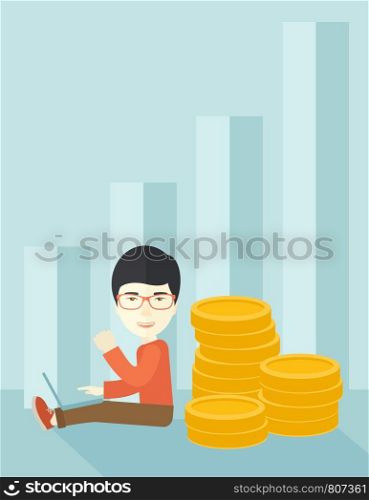 A successful chinese businessman sitting with pile of gold at his back and a laptop on his lap. Winner concept. A contemporary style with pastel palette soft blue tinted background. Vector flat design illustration. Vertical layout.. Successful chinese businessman sitting with a pile of gold.