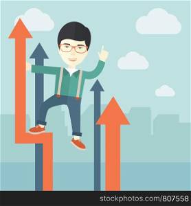 A successful chinese businessman stand on top of graph looking how high he is. Business success, self development concept. A Contemporary style with pastel palette, soft blue tinted background with desaturated cloud. Vector flat design illustration. Square layout.. Successful chinese businessman