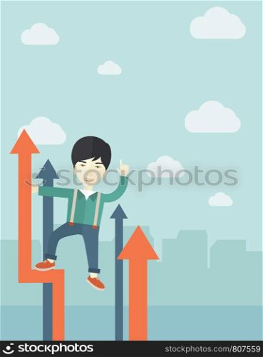 A successful chinese businessman stand on top of graph looking how high he is. Business success, self development concept. A Contemporary style with pastel palette, soft blue tinted background with desaturated cloud. Vector flat design illustration. Vertical layout. Successful chinese businessman