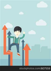 A successful chinese businessman stand on top of graph looking how high he is. Business success, self development concept. A Contemporary style with pastel palette, soft blue tinted background with desaturated cloud. Vector flat design illustration. Vertical layout. Successful chinese businessman