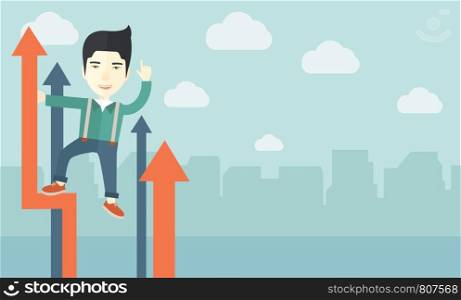 A successful chinese businessman stand on top of graph looking how high he is. Business success, self development concept. A Contemporary style with pastel palette, soft blue tinted background with desaturated cloud. Vector flat design illustration. Horizontal layout.. Successful chinese businessman