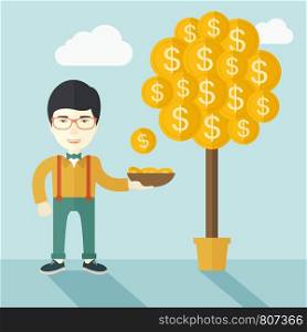 A successful chinese businessman standing while catching a dollar coin from money tree. Business growth concept. A contemporary style with pastel palette soft blue tinted background with desaturated clouds. Vector flat design illustration. Square layout.. Successful chinese businessman standing while catching a dollar coin.