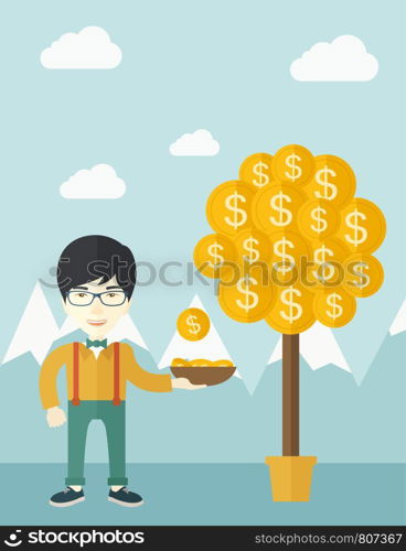 A successful chinese businessman standing while catching a dollar coin from money tree. Business growth concept. A contemporary style with pastel palette soft blue tinted background with desaturated clouds. Vector flat design illustration. Vertical layout.. Successful chinese businessman standing while catching a dollar coin.