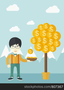 A successful chinese businessman standing while catching a dollar coin from money tree. Business growth concept. A contemporary style with pastel palette soft blue tinted background with desaturated clouds. Vector flat design illustration. Vertical layout.. Successful chinese businessman standing while catching a dollar coin.