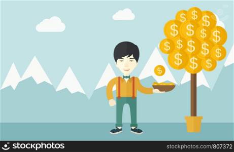 A successful chinese businessman standing while catching a dollar coin from money tree. Business growth concept. A contemporary style with pastel palette soft blue tinted background with desaturated clouds. Vector flat design illustration. Square layout.. Successful chinese businessman standing while catching a dollar coin.