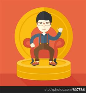 A successful japanese businessman smiling while sitting like a king on a heap of money. Achievement concept. A Contemporary style with pastel palette, orange tinted background. Vector flat design illustration. Square layout.. Successful japanese businessman smiling while sitting