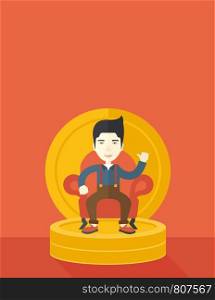 A successful japanese businessman smiling while sitting like a king on a heap of money. Achievement concept. A Contemporary style with pastel palette, orange tinted background. Vector flat design illustration. Vertical layout with text space on top part.. Successful japanese businessman smiling while sitting