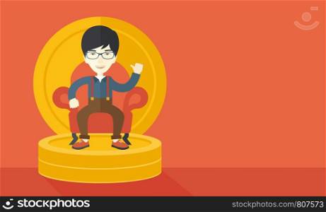 A successful japanese businessman smiling while sitting like a king on a heap of money. Achievement concept. A Contemporary style with pastel palette, orange tinted background. Vector flat design illustration. Horizontal layout with text space in right side.. Successful japanese businessman smiling while sitting