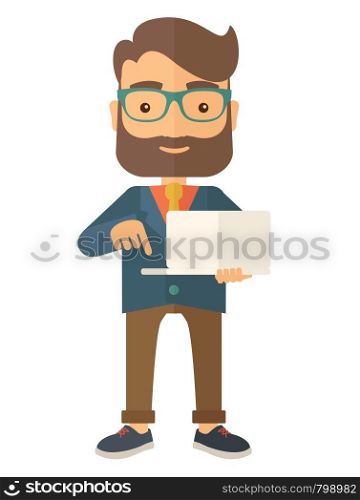 A successful man holding a laptop. A man with laptop. A Contemporary style. Vector flat design illustration isolated white background. Vertical layout. Man holding a laptop.