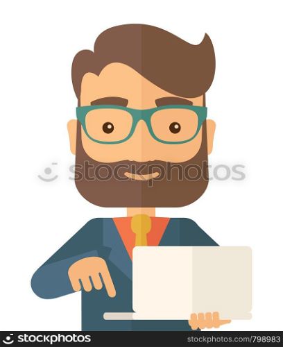 A successful man holding a laptop. A man with laptop. A Contemporary style. Vector flat design illustration isolated white background. Square layout.. Man holding a laptop.