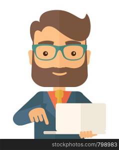 A successful man holding a laptop. A man with laptop. A Contemporary style. Vector flat design illustration isolated white background. Square layout.. Man holding a laptop.