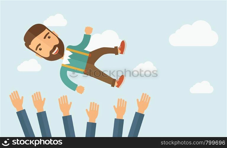 A successful smiling hipster Caucasian businessman with beard being throwing up to the sky by his teamwork or colleague. Happiness concept. A contemporary style with pastel palette soft blue tinted background with desaturated clouds. Vector flat design illustration. Horizontal layout.. Successful businessman