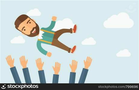 A successful smiling hipster Caucasian businessman with beard being throwing up to the sky by his teamwork or colleague. Happiness concept. A contemporary style with pastel palette soft blue tinted background with desaturated clouds. Vector flat design illustration. Horizontal layout.. Successful businessman
