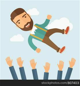 A successful smiling hipster Caucasian businessman with beard being throwing up to the sky by his teamwork or colleague. Happiness concept. A contemporary style with pastel palette soft blue tinted background with desaturated clouds. Vector flat design illustration. Square layout. . Successful businessman