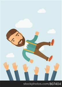 A successful smiling hipster Caucasian businessman with beard being throwing up to the sky by his teamwork or colleague. Happiness concept. A contemporary style with pastel palette soft blue tinted background with desaturated clouds. Vector flat design illustration. Vertical layout.. Successful businessman