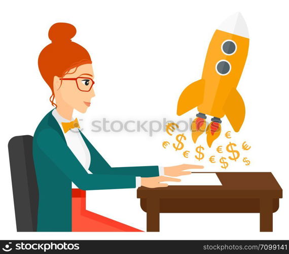 A successful woman sitting at the table and looking at a rocket with money taking off the paper vector flat design illustration isolated on white background. . Successful business sturt up.