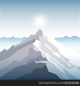 A sunset or dawn sun over the mountains. Landscape with peak. Mountaineering and traveling and outdoor recreation concept. Abstract background for web, presentations or prints. Vector illustration.. A sunset or dawn sun over the mountains. Landscape with peak. Mountaineering and traveling and outdoor recreation concept. Abstract background for web, presentations or prints. Vector illustration