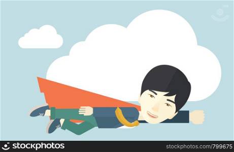 A superhero asian businessman flying high to achieve his goal. Challenge concept. A Contemporary style with pastel palette, soft blue tinted background and yellow clouds. Vector flat design illustration. Horizontal layout.. Superhero businessman