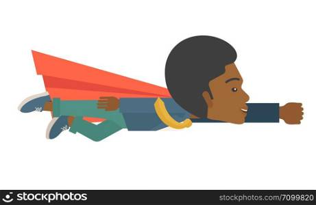 A superhero black businessman flying high to achieve his goal. Challenge concept. A Contemporary style. Vector flat design illustration isolated white background. Horizontal layout.. Superhero black businessman