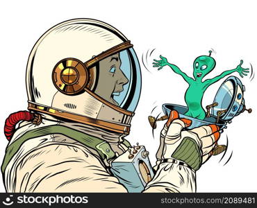 A surprised male astronaut looks at an alien in a festive UFO flying saucer box. Pop Art Retro Vector Illustration 50s 60s Vintage kitsch Style. A surprised male astronaut looks at an alien in a festive UFO flying saucer box