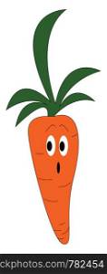 A surprised orange carrot with green leaves, vector, color drawing or illustration.