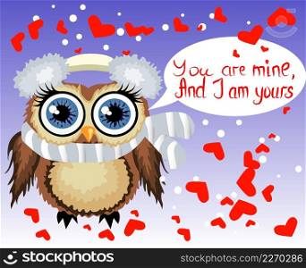 A sweet cartoon brown owl surrounded by hearts says You are mine, and I am yours. Love in the air, Saint Valentine, postcard.. A sweet cartoon brown owl surrounded by hearts says You are mine, and I am yours. Love in the air, Saint Valentine, postcard