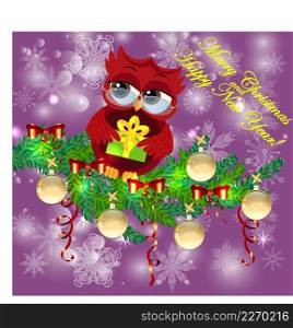 A sweet cartoon-like coquettish red owl with a Christmas present sits on a decorated with balls, bows, light-emitting spruce branches. Christmas card. A sweet cartoon-like coquettish red owl with a Christmas present sits on a decorated with balls, bows, light-emitting spruce branches.