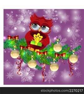 A sweet cartoon-like coquettish red owl with a Christmas present sits on a decorated with balls, bows, light-emitting spruce branches. Christmas card. A sweet cartoon-like coquettish red owl with a Christmas present sits on a decorated with balls, bows, light-emitting spruce branches.