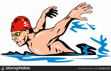 A swimmer doing butterfly viewed from the bottom done in retro style.