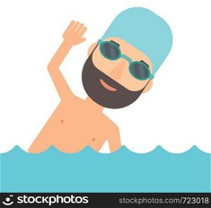 A swimmer wearing cap and glasses training in water vector flat design illustration isolated on white background.. Swimmer training in pool.