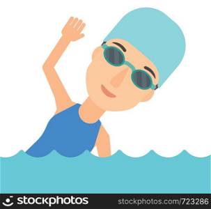 A swimmer wearing cap and glasses training in water vector flat design illustration isolated on white background. . Swimmer training in pool.