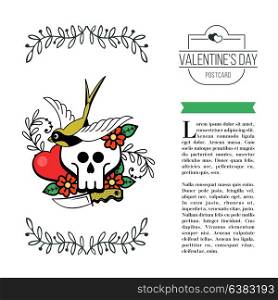A symbol of love and death . Loving heart, skull and bird. Vector illustration in retro style. Isolated on a white background.