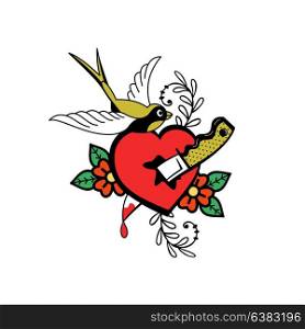 A symbol of love. Bird and heart pierced with a knife. Vector illustration in retro style. Isolated on a white background. For Valentine&rsquo;s day.