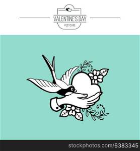 A symbol of love. Heart in the hand and a bird. Vector illustration in retro style. Isolated on white background. On Valentine&rsquo;s Day.