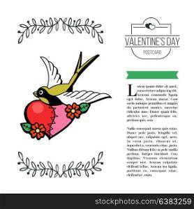 A symbol of love. Heart of two halves and a bird. Vector illustration in retro style. Isolated on white background. There is a place for your text. On Valentine&rsquo;s Day.