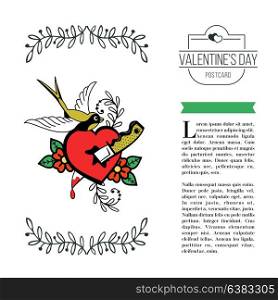 A symbol of love. Heart pierced with a knife and the bird. Vector illustration in retro style. Isolated on white background. There is a place for your text. On Valentine&rsquo;s Day.