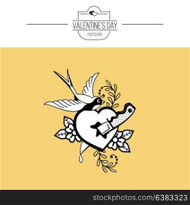 A symbol of love. Heart pierced with a knife and the bird. Vector illustration in retro style. Isolated on white background. On Valentine&rsquo;s Day.