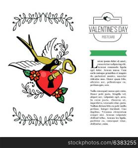 A symbol of love. Heart with a key and a bird. Vector illustration in retro style. Isolated on white background. There is a place for your text. On Valentine&rsquo;s Day.