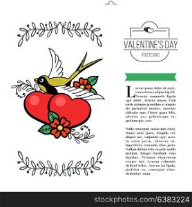 A symbol of love. Two loving hearts and a bird. Vector illustration in retro style. Isolated on a white background. There is a place for your text. For Valentine&rsquo;s day.