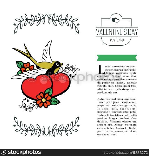 A symbol of love. Two loving hearts and a bird. Vector illustration in retro style. Isolated on a white background. There is a place for your text. For Valentine&rsquo;s day.