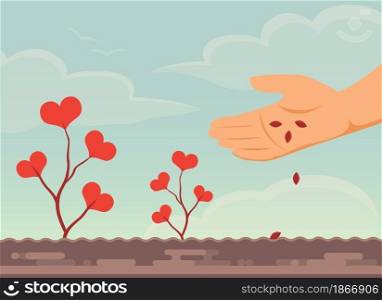 A symbol of peace and harmony.Growth support and philanthropy concept Flat design vector illustration concept for charity, help, supporting, work of volunteers. Sowing the seeds of love and peace