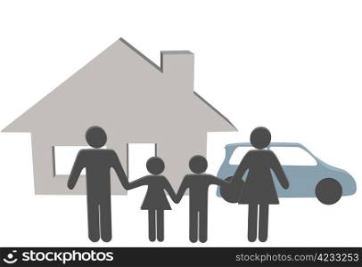 A symbol people family at home hold hands in front of their house and car.