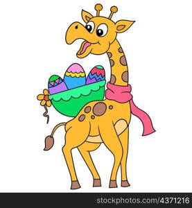 a tall giraffe with a happy face carries a basket of easter eggs on its back
